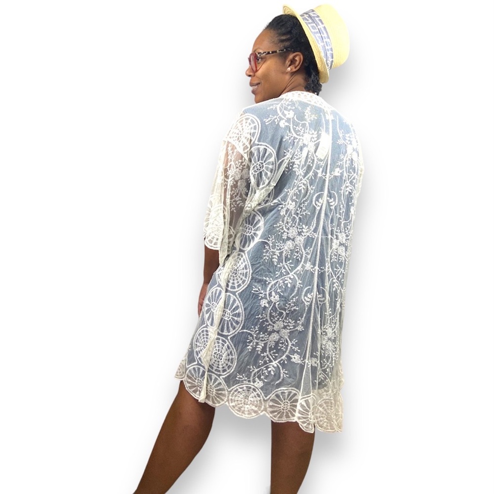 Cal Style Midi Crochet Lace Kimono Duster NEW